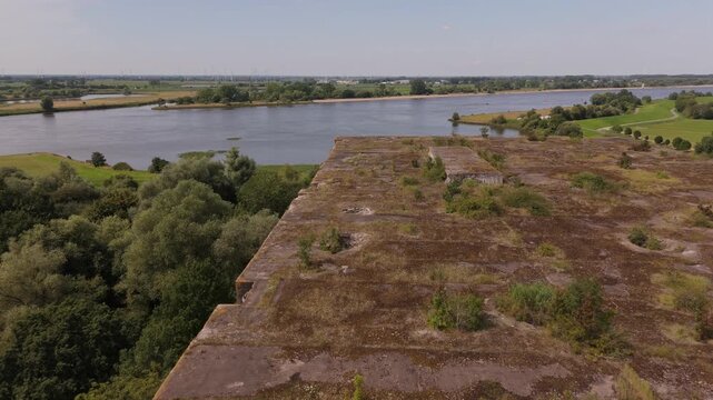 Aerial view over Bunker Valentin revealing the Weser River Bremen