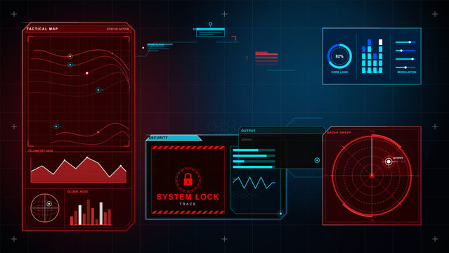 Futuristic red and cyan HUD dashboard with tactical map, system lock panel, radar sweep, charts, core load gauge, and dark grid background