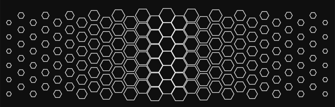Abstract black and white geometric honeycomb pattern. Hexagonal monochrome pattern. Separate editable layers. Halftone hexagonal retro pattern in a simple style. Vector honeycomb structure.