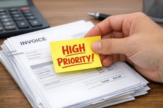 A person holds a sticky note with the words 'high priority'