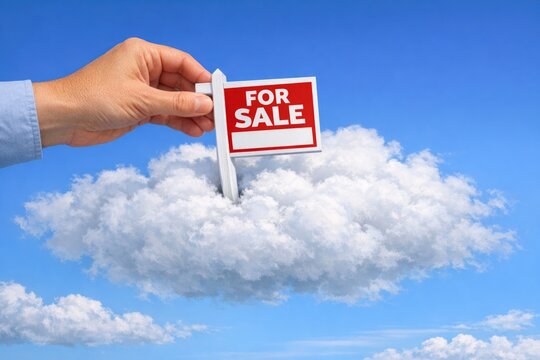 A person is holding a for sale sign with the words 'For Sale' written on it, situated above a fluffy white cloud