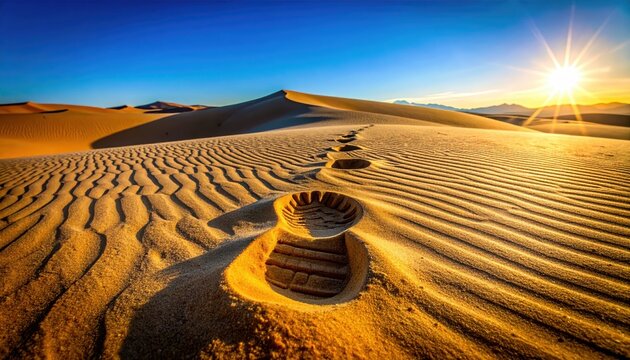 Single sand-colored combat boot footprint left in a windswept desert dune, creating a minimalist landscape path