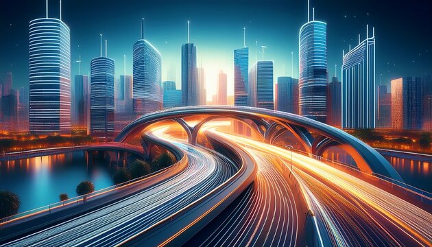 linear cityscape with flowing road overlaying modern buildings and bridge structure
