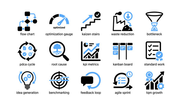 Process and optimization icons for workflow on white background