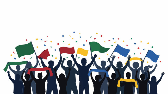 A large crowd of jubilant supporters celebrating with flags and confetti, enjoying a sporting event