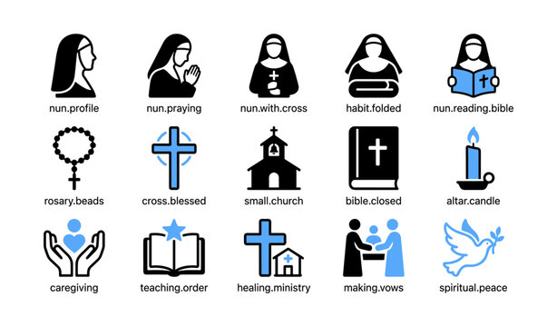 Religious icons of nuns and symbols arranged on white background