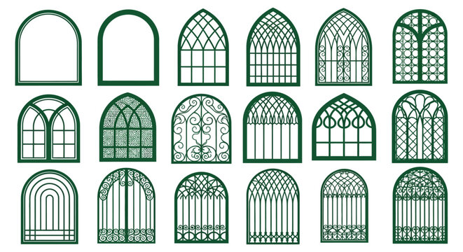 Gothic arch window vector illustrations detailed ornamental designs