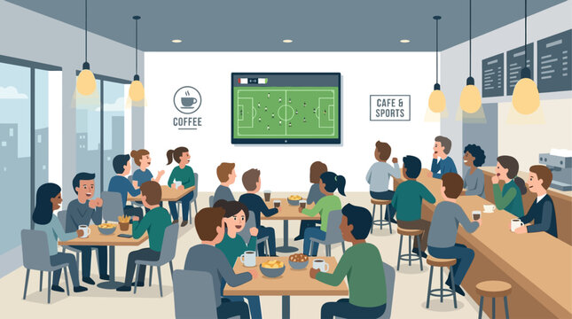This flat design illustration portrays a group of friends engrossed in a football match on a TV screen within a stylish, cozy cafe setting. It captures the shared anticipation and camaraderie of watch
