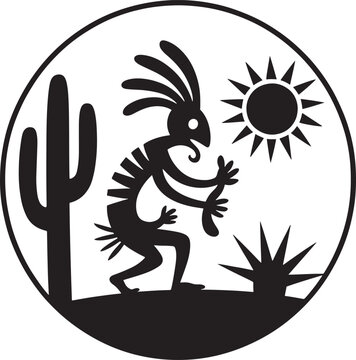 A circular silhouette featuring kokopelli, a cactus, and a desert sun in a tribal style.