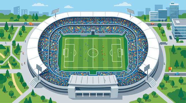 A captivating flat design illustration depicting a vibrant football stadium filled with enthusiastic fans during an exciting match, seen from a unique bird's eye perspective. 