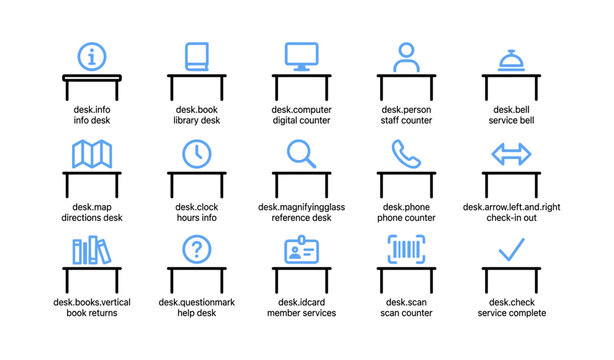 Service desk icons showing counters information and member services