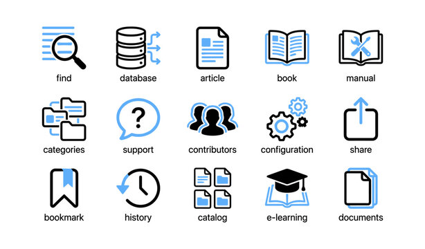 Library and reference icon grid on white background