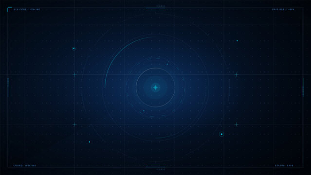 Dark futuristic HUD vector background with blue circular radar target, glowing grid, dotted data points, axis marks, and digital frame lines