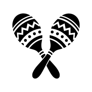 Black silhouette of crossed patterned maracas, isolated on a transparent background. Perfect for fiesta celebrations.