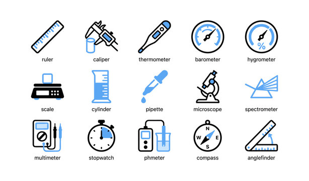 Laboratory and measurement tool icon grid on white background