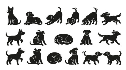 Obraz premium Sheet of 12 Stylized Black Dog Silhouettes – Minimalist Sticker-Style Vector Icons with Whimsical Retro Vibe