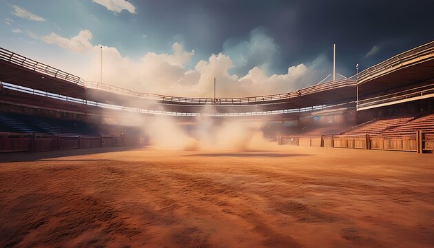 empty arena large amount smoke rising from ground desolate rodeo