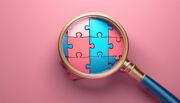 equity gap concept with magnifier highlighting missing puzzle piece on pink background 3d render