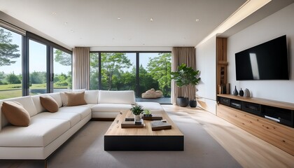 Fototapeta premium modern home interior design white sectional sofa floating tv unit and expansive window views