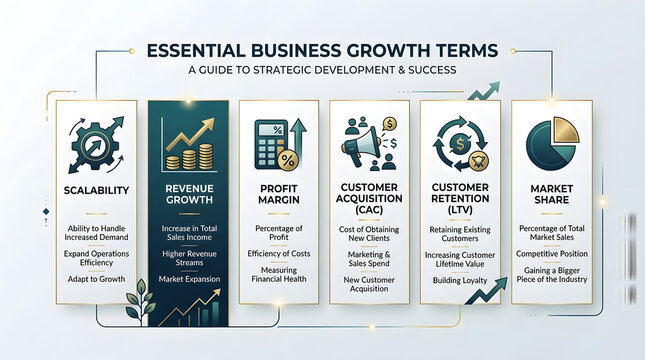 Infographic chart showcasing essential business growth metrics and kpi terms.