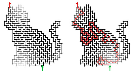 Obraz premium Cat-shaped maze with solution path highlighted in red 
