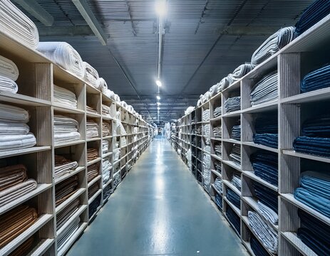 row rolls fabric factory are arranged neat orderly industrial cotton