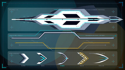 Futuristic HUD schematic with sleek white spacecraft module, glowing cyan alignment lines, data flow paths, chevron symbols, and dark grid frame © Антон Сальников