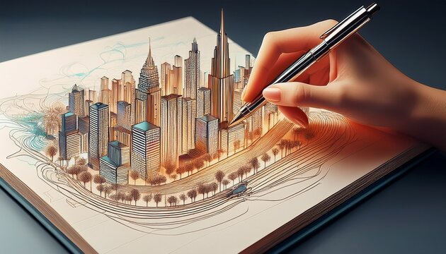 visionary city an artist s hand brings a stylized city to life on the pages of a sketchbook conjuring the urban landscape with a blend of reality and creative flair