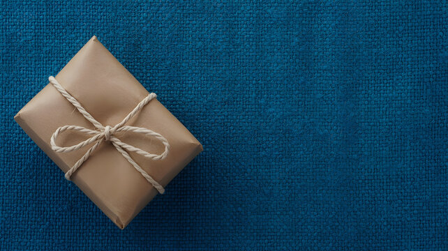 Brown paper gift package tied with twine on textured blue fabric surface from above.
