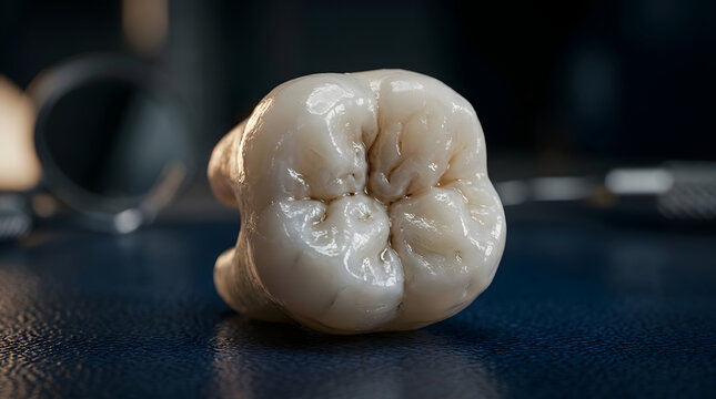 A highly detailed, close-up view of a dental molar tooth with visible cusps on a dark surface.
