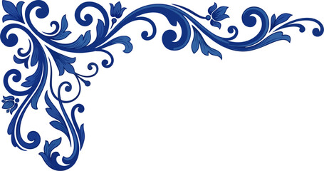 Fototapeta premium Royal Blue Floral Corner Ornament with Elegant Baroque Swirl and Vintage Leaf Scroll Design