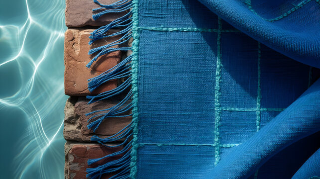 Blue fabric with fringe detail against brick wall by rippling water surface.