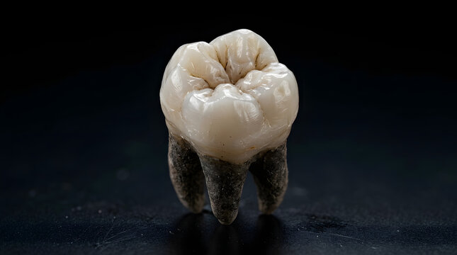A dental implant with a white crown and three gray roots on a dark surface.