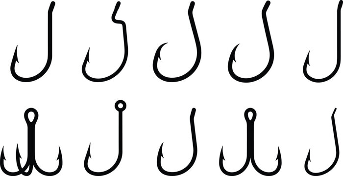 A comprehensive vector collection showcasing various types of sharp fishing hooks, essential gear for successful angling pursuits