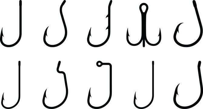 Diverse Collection of Fishing Hook Silhouettes A Comprehensive Set of Tackle Designs for Angling Enthusiasts and Outdoor Hobbies