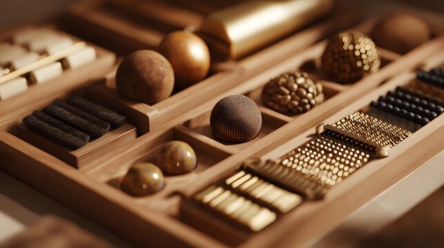 Close up of luxury sensory tools designed for focus, including textured rollers and tactile objects placed in an organized layout with visual labels, warm soft lighting enhancing surface details