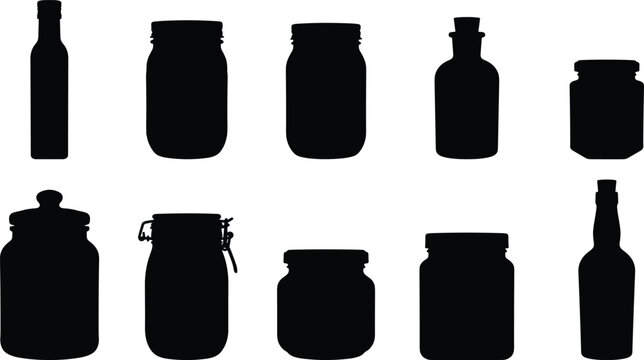 Collection of various glass jar and bottle silhouettes, perfect for food packaging, storage, and kitchen design elements