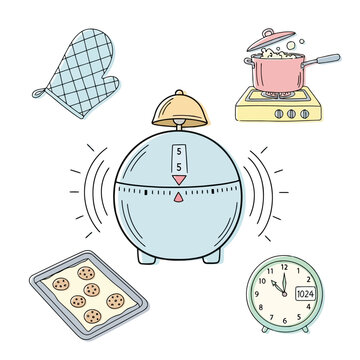 Kitchen timer, oven mitt, baking tray with cookies, and cooking pot on stove.