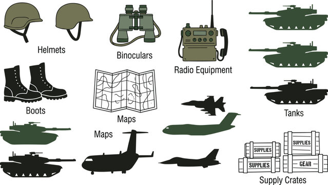 Military Equipment and Army Vector Element Set Featuring Tanks Jet Fighters Helmets Boots Maps and Supply Crates Vector Illustration
