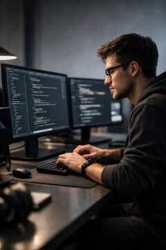 Focused programmer coding efficiently.