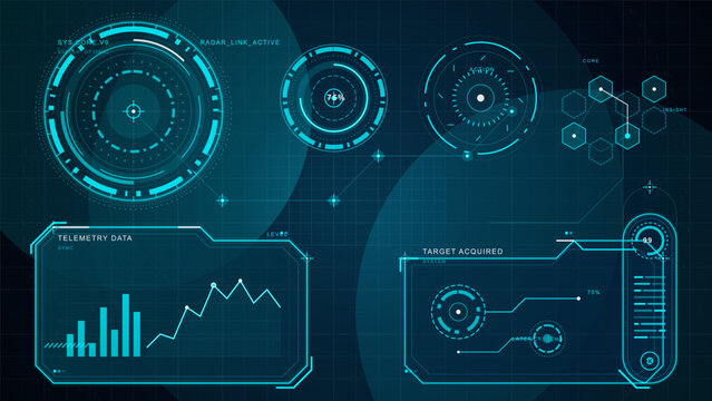 Futuristic cyan HUD dashboard with circular radar scanner, telemetry chart panels, target acquired module, hex node diagram, and dark grid background