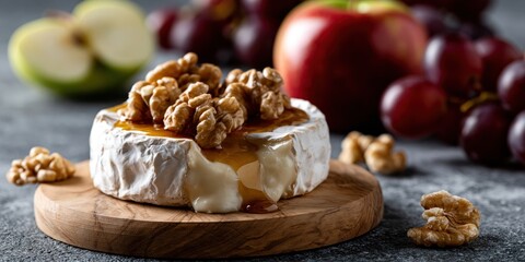 Fototapeta premium A mouthwatering presentation of brie cheese topped with walnuts, drizzled with honey, surrounded by fresh fruits, showcasing gourmet food styling and photography techniques.