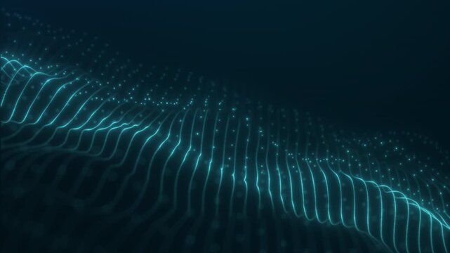 Cyan digital data wave surface with glowing lines and particles on dark background, abstract AI network loop for technology and science visuals