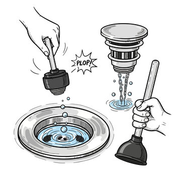 Repairing clogged sink drain with hand tools and rubber plunger.