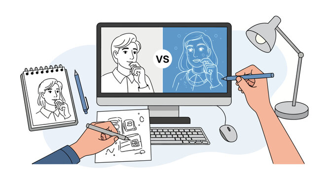 Vector illustration of a creative artist comparing a hand-drawn pencil sketch on paper to a final design, showcasing the artistic process and development of a concept.