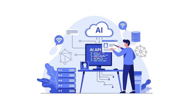 Modern vector illustration of a backend developer working on a laptop, integrating complex software systems with server nodes, database icons, and API connection lines on a clean background.