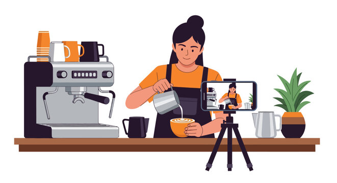 Vector illustration of a professional barista filming the process of making coffee using a smartphone on a tripod for social media content creation in a modern cafe setting.