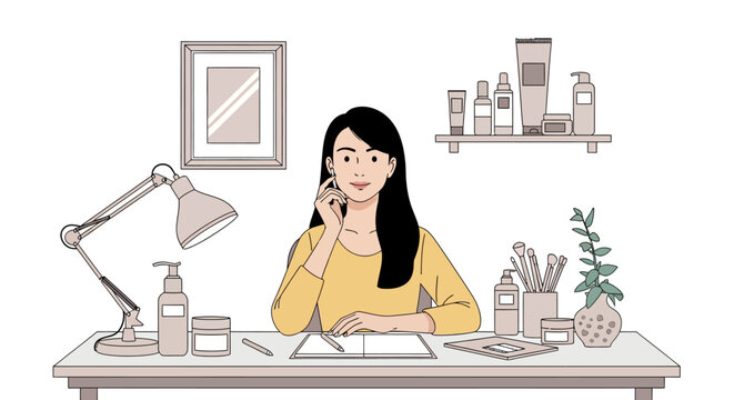 Vector illustration of a female beauty influencer sitting at a workspace with cosmetics and a computer, organizing a winter ski holiday with travel maps and alpine imagery.