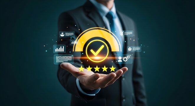 Businessman presenting a glowing 5 star rating with technology icons symbolizing excellence and innovation in tech solutions and services