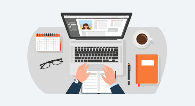 Vector illustration of a professional blogger organizing digital writing projects, managing blog post content, and using editorial tools on a computer interface with document icons.